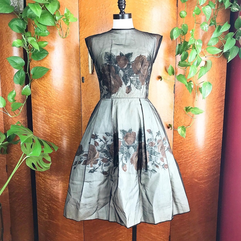 ROSE PRINT 1950’s 50s Vintage New Look Party Prom Cocktail Evening Dress S - Picture 5 of 13
